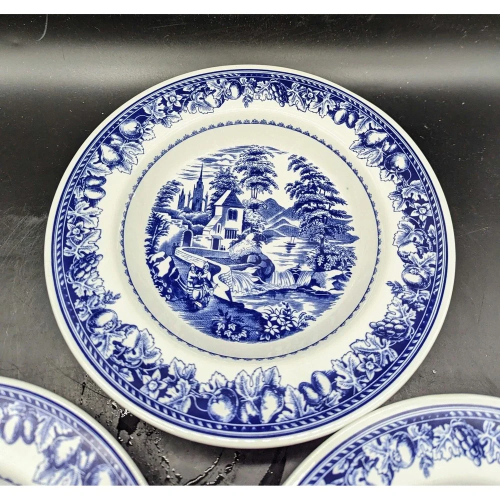 Italian Porcelain Blue & White Transfer Rim Soup Bowls Village Scene Set/3 Italy